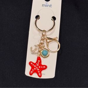 BAG CHARM Mint Red Starfish Keychain In Gold-tone Bling Anchor Charms